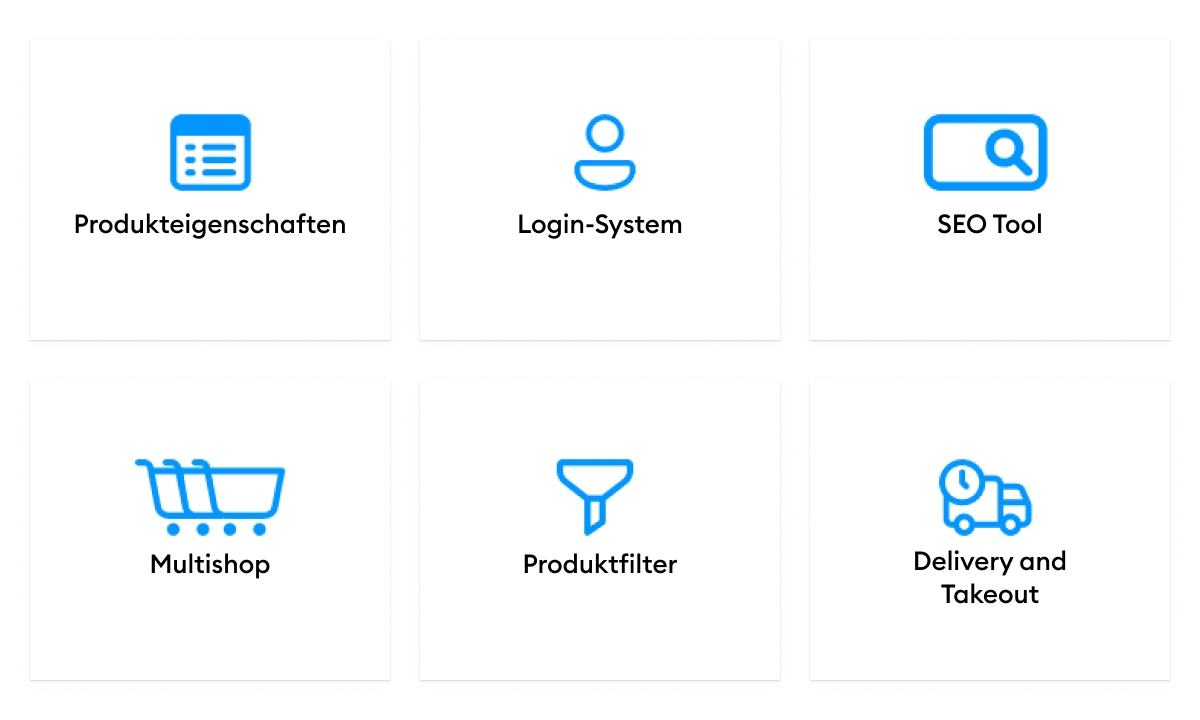 Administration Produkteigenschaften Login-System SEO Tool Multishop Produktfilter Delivery and takeout